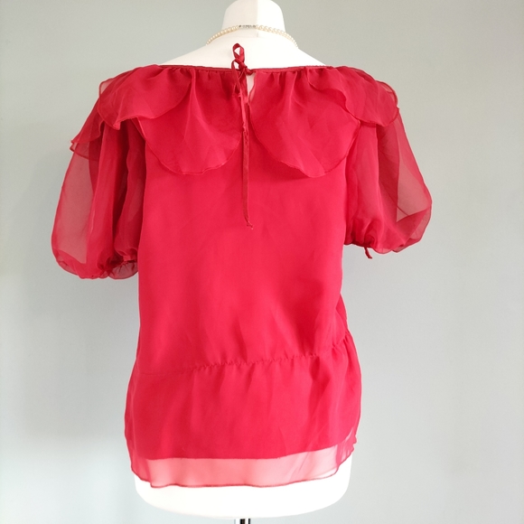 Vintage 90s Red Chiffon Peasant Top - Picture 3 of 6